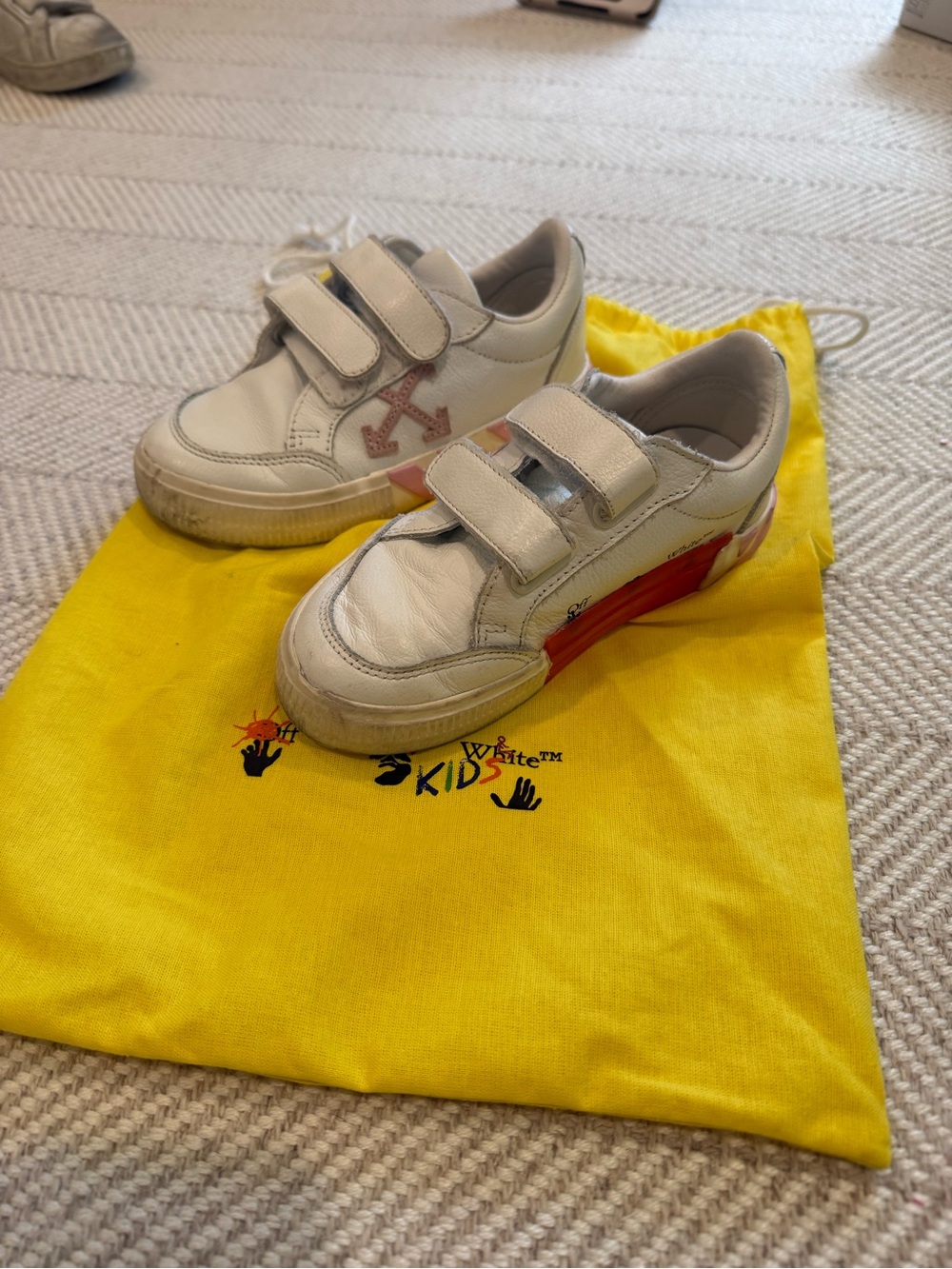 Off White Kids Leather Velcro Sneakers, size 30”/11US